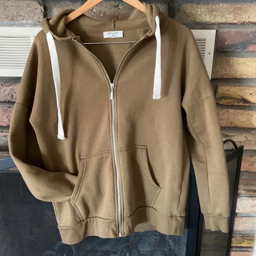 Zenana Zip Up Hoodie Women’s XS Olive Green/Brown - Picture 2 of 6